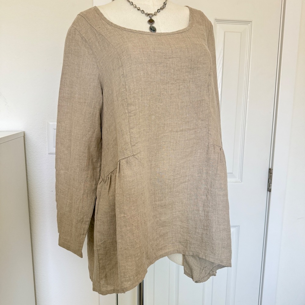 FLAX 100% Linen Long Sleeve Tunic Top Tan Beige Pockets Size S Relaxed Lagenlook
